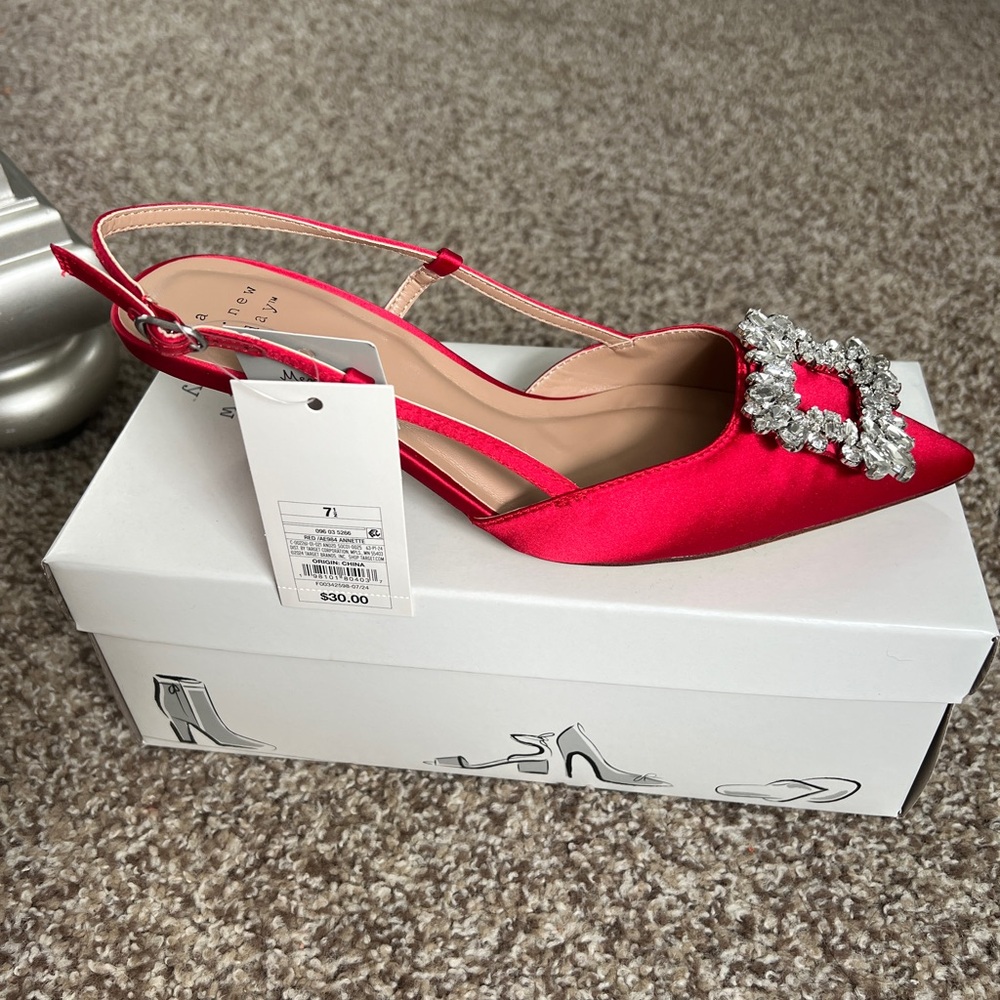 a new day Red Satin Slingback Heels with Silver Embellishment